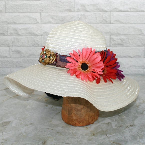 HAND CRAFTED Hat Upcycled Repurposed Silk Necktie Daisy White Derby Party Beach - Picture 2 of 11